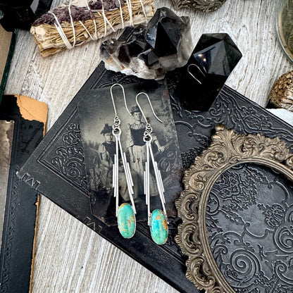 Tibetan Turquoise Long Dangle Drop Earrings in Fine Silver FOXLARK