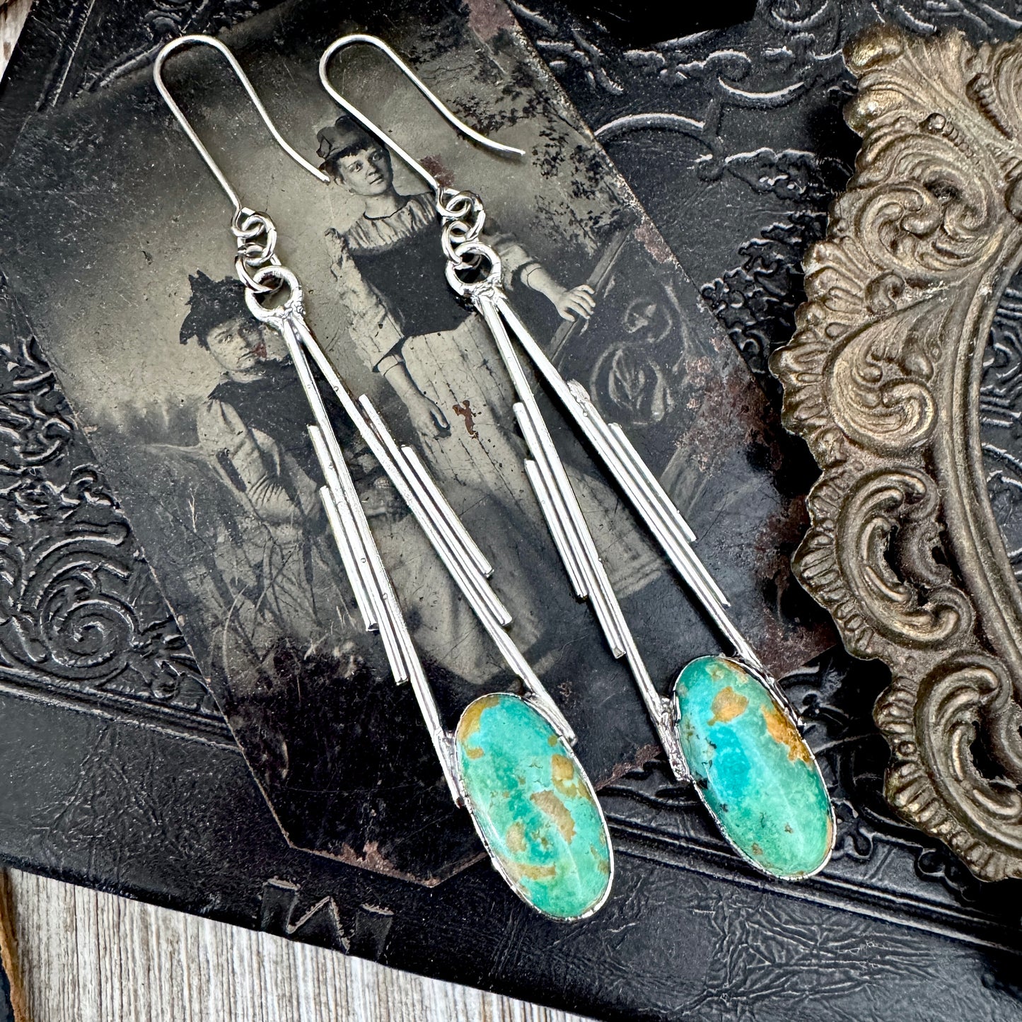 Tibetan Turquoise Long Dangle Drop Earrings in Fine Silver FOXLARK