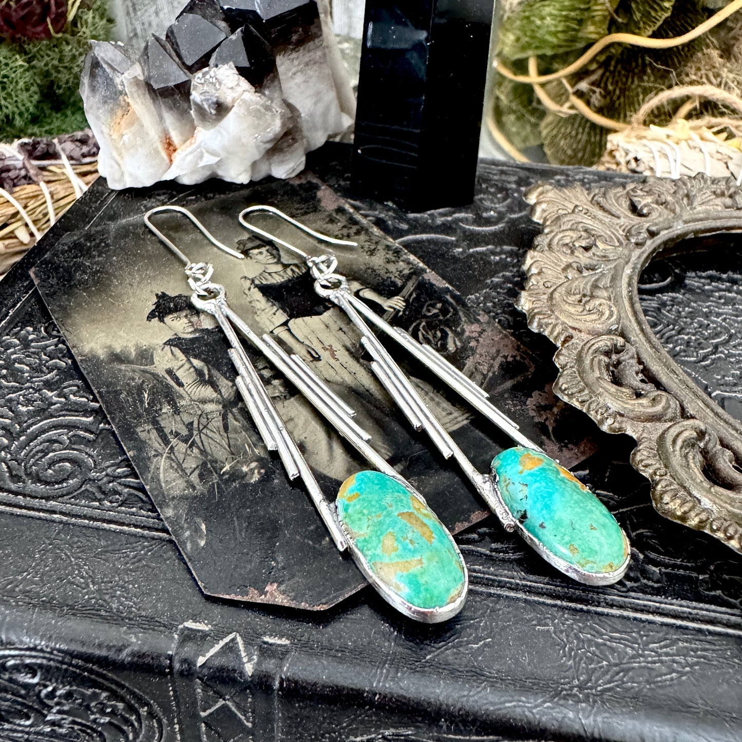 Tibetan Turquoise Long Dangle Drop Earrings in Fine Silver FOXLARK