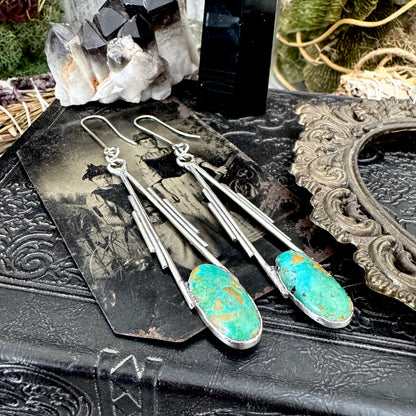 Tibetan Turquoise Long Dangle Drop Earrings in Fine Silver FOXLARK