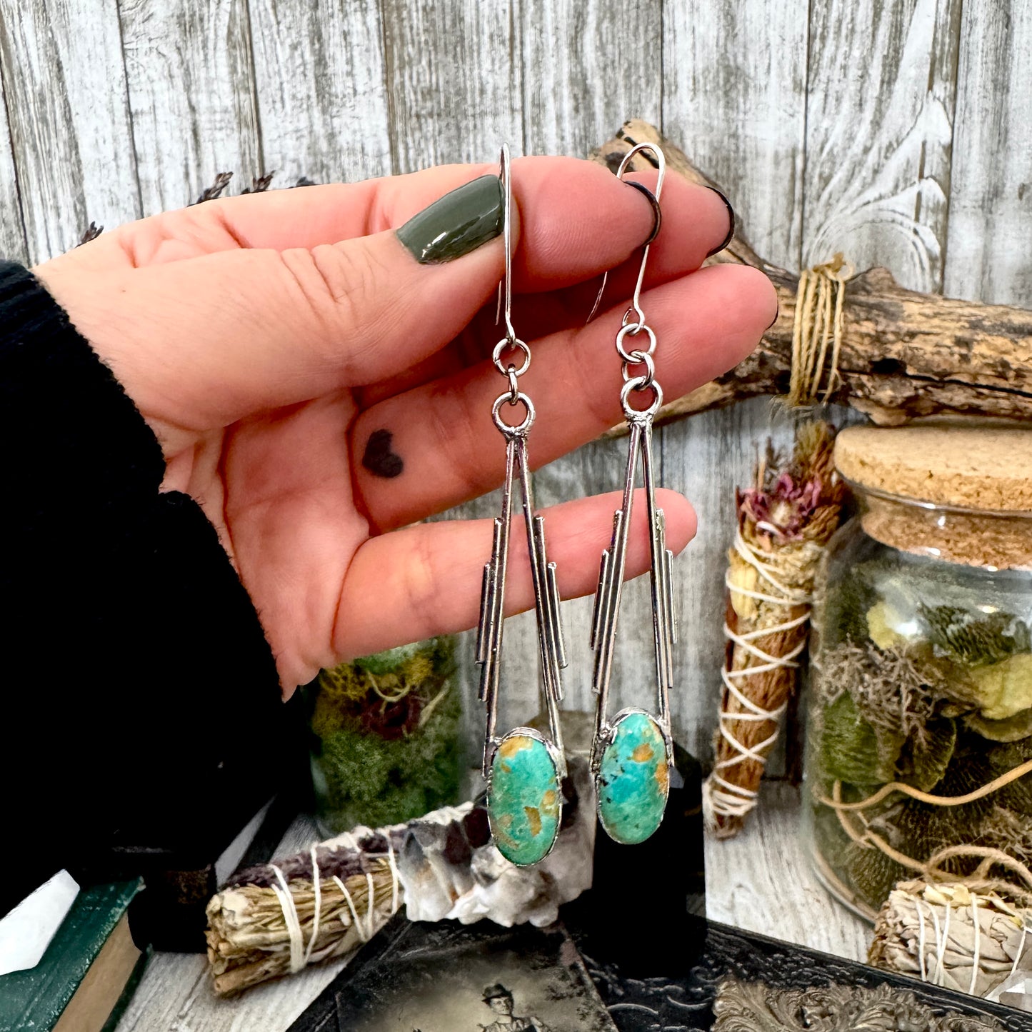 Tibetan Turquoise Long Dangle Drop Earrings in Fine Silver FOXLARK