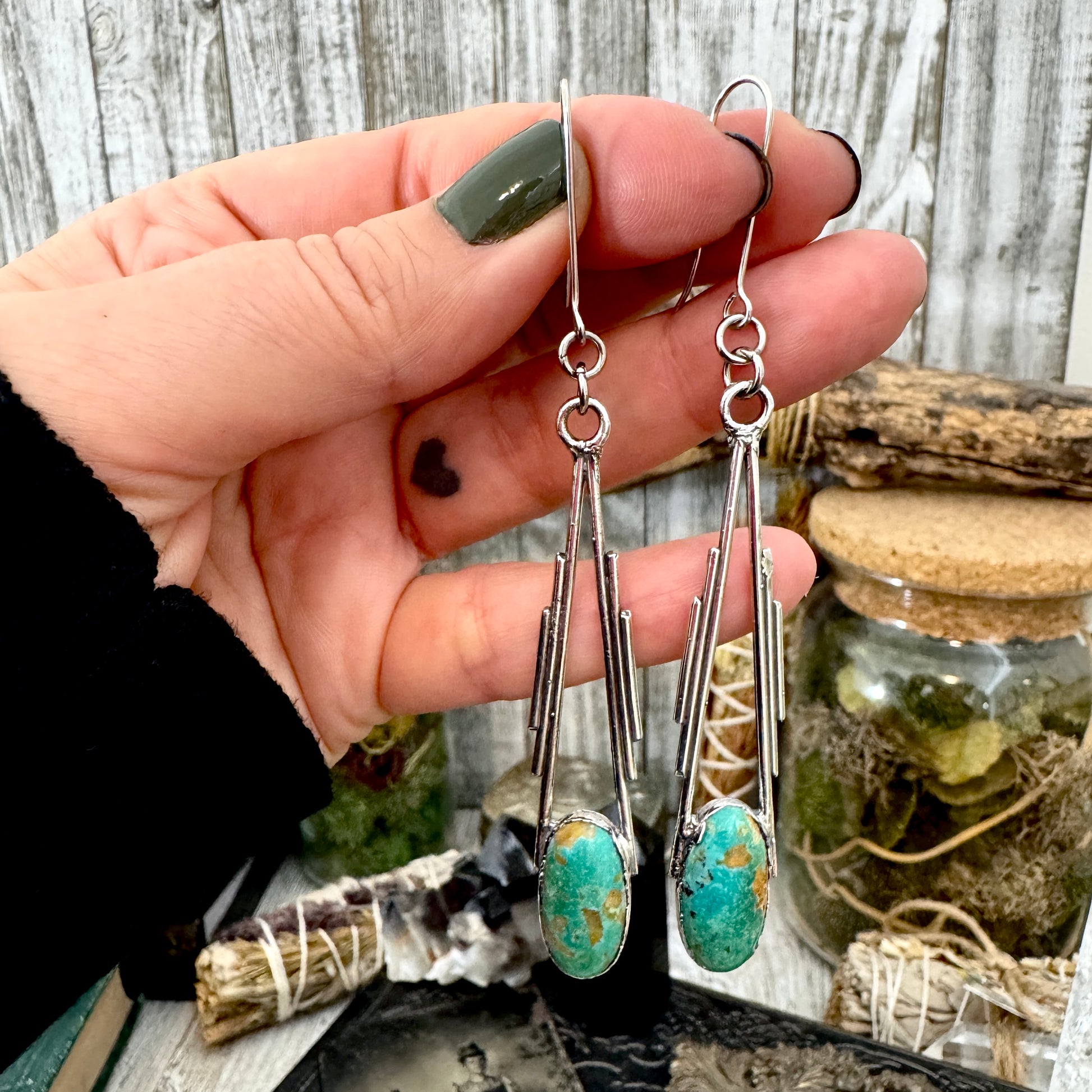 Tibetan Turquoise Long Dangle Drop Earrings in Fine Silver FOXLARK