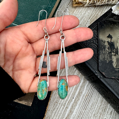 Tibetan Turquoise Long Dangle Drop Earrings in Fine Silver FOXLARK