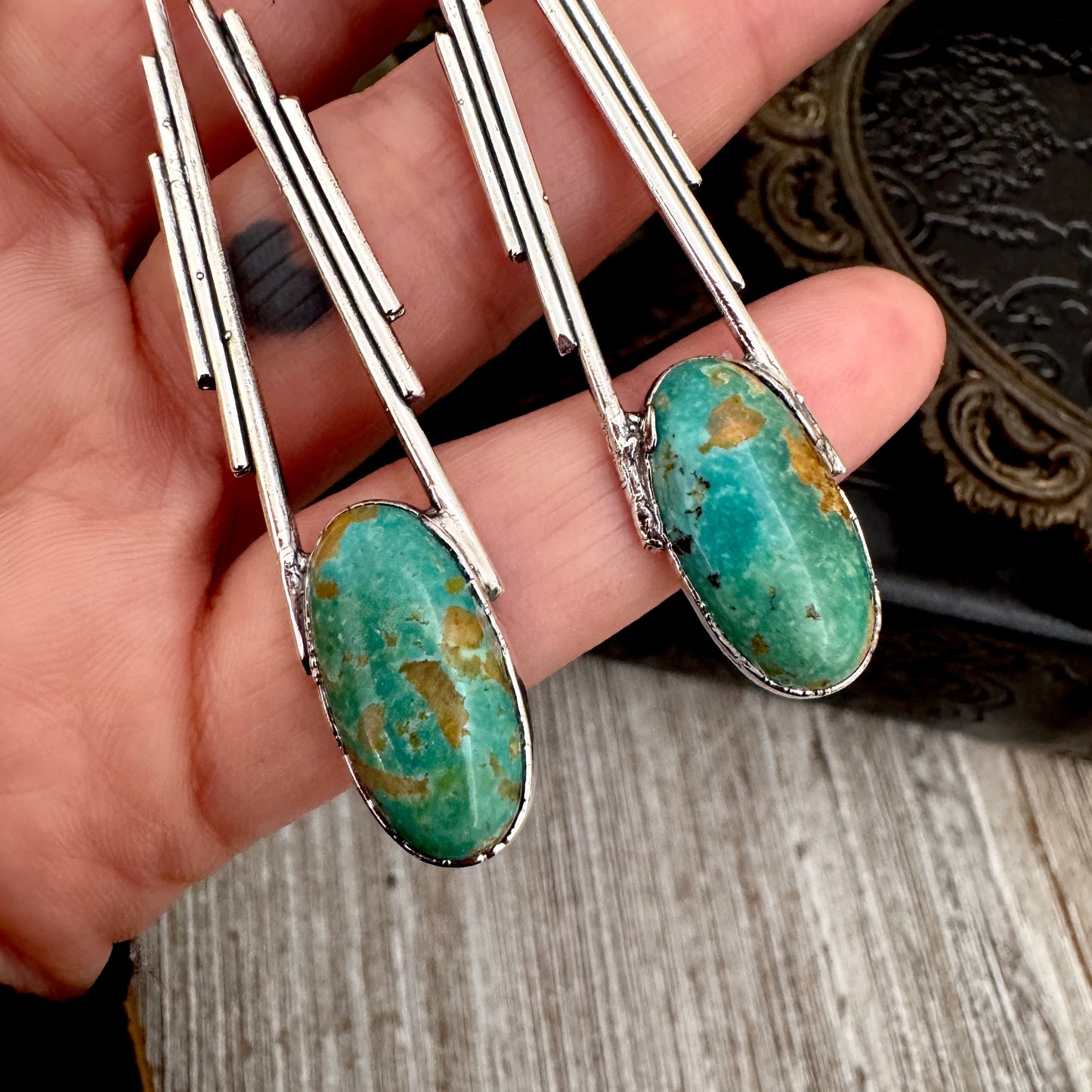 Tibetan Turquoise Long Dangle Drop Earrings in Fine Silver FOXLARK