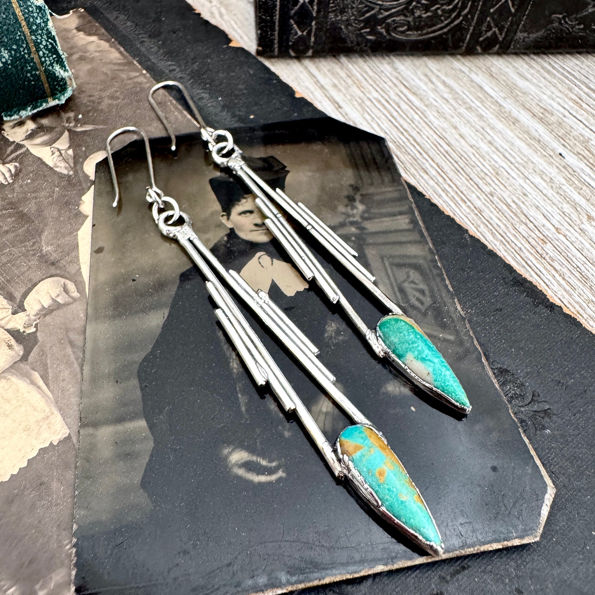 Tibetan Turquoise Dramatic Drop Earrings in Fine Silver FOXLARK