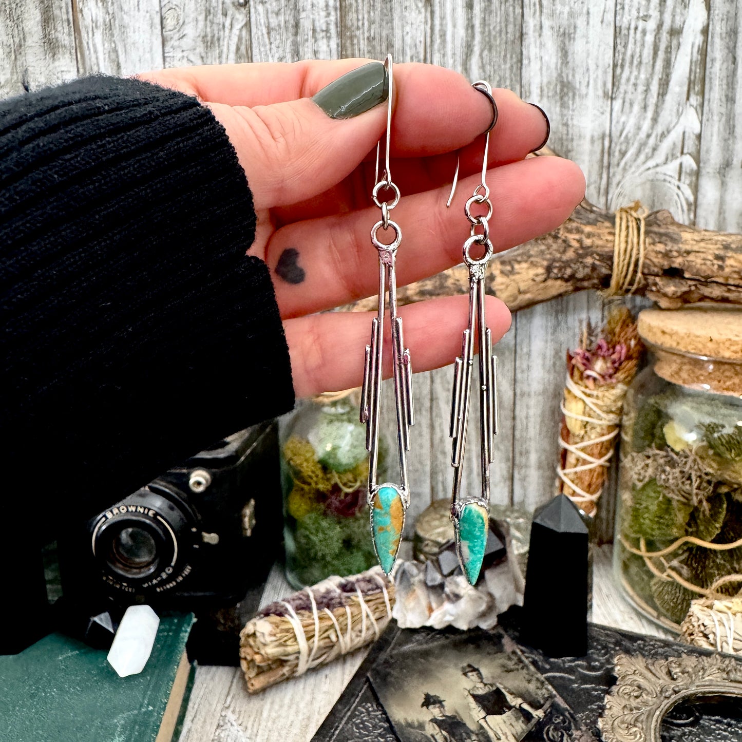 Tibetan Turquoise Dramatic Drop Earrings in Fine Silver FOXLARK