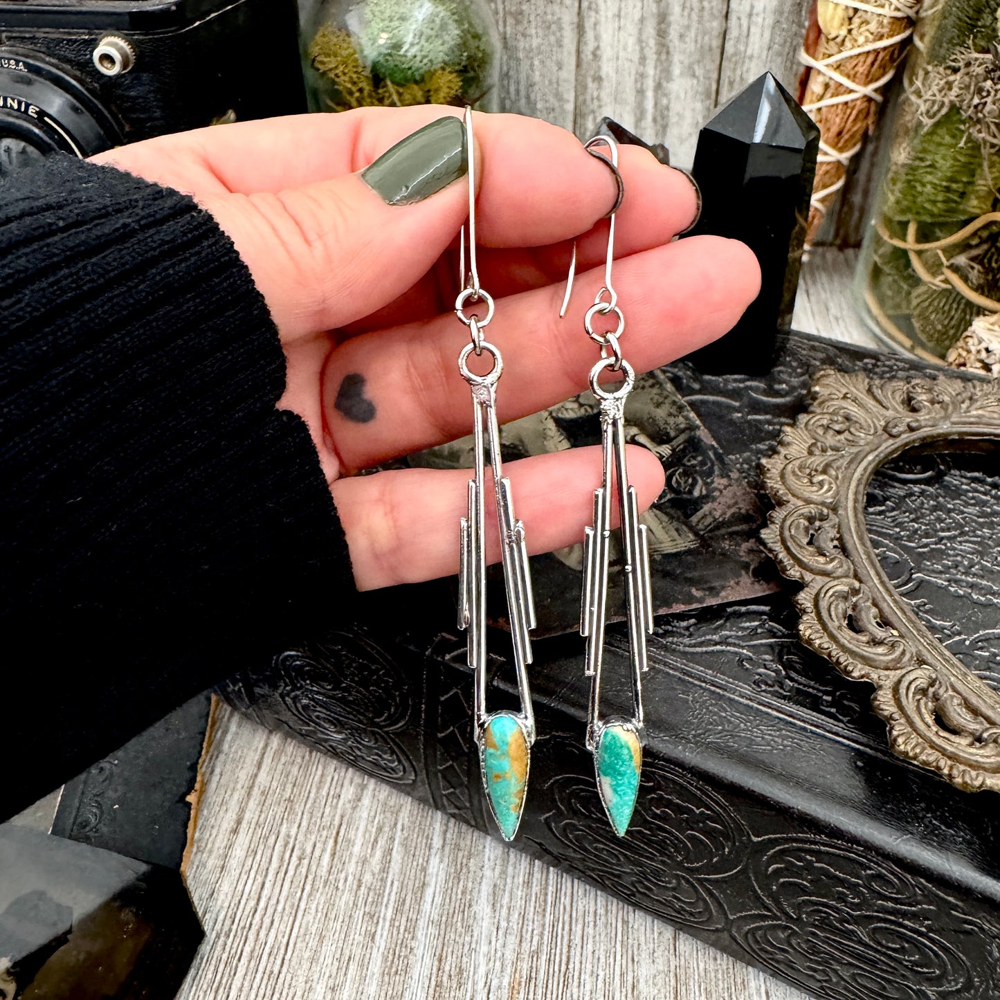 Tibetan Turquoise Dramatic Drop Earrings in Fine Silver FOXLARK