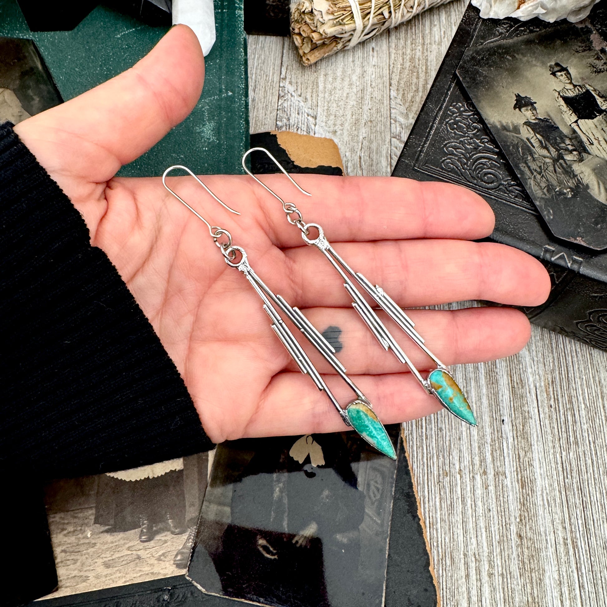 Tibetan Turquoise Dramatic Drop Earrings in Fine Silver FOXLARK
