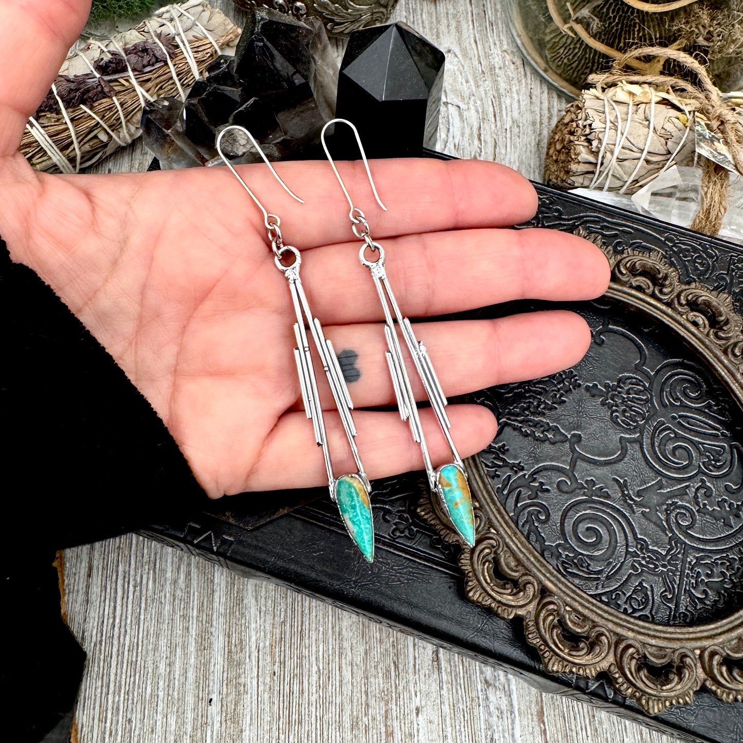 Tibetan Turquoise Dramatic Drop Earrings in Fine Silver FOXLARK