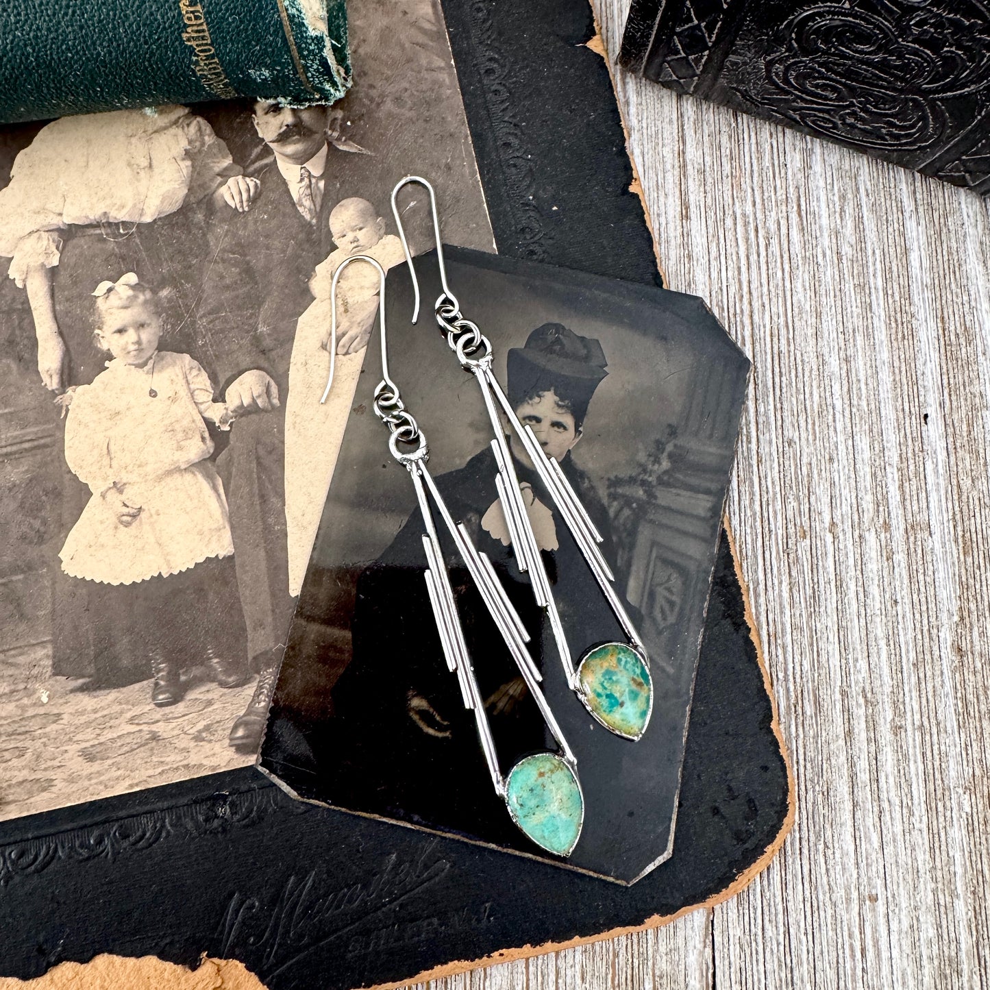 Tibetan Turquoise Long Dangle Earrings in Fine Silver