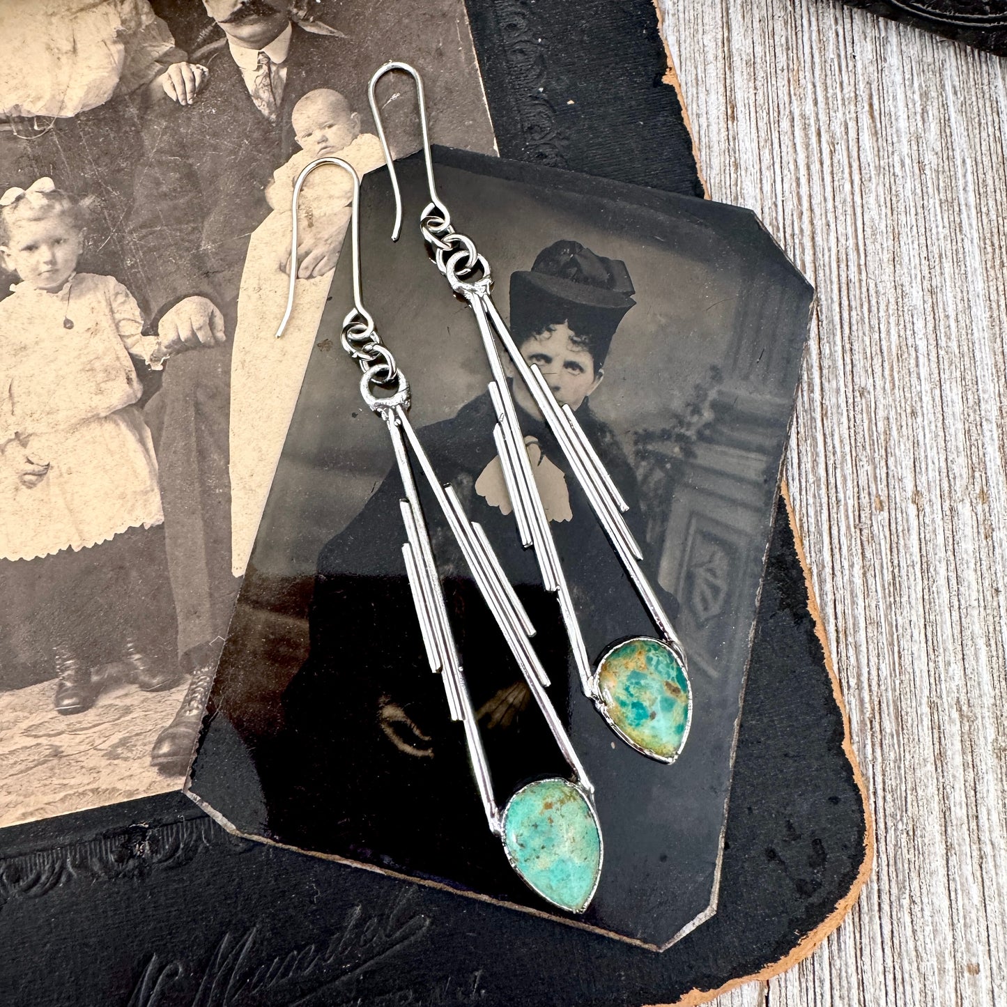 Tibetan Turquoise Long Dangle Earrings in Fine Silver