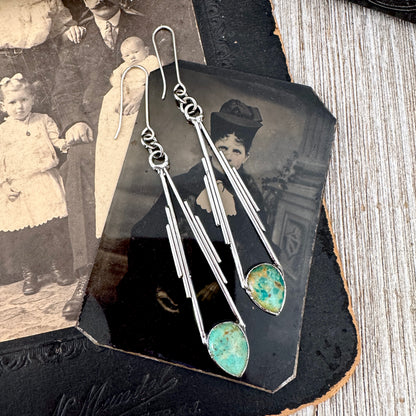 Tibetan Turquoise Long Dangle Earrings in Fine Silver