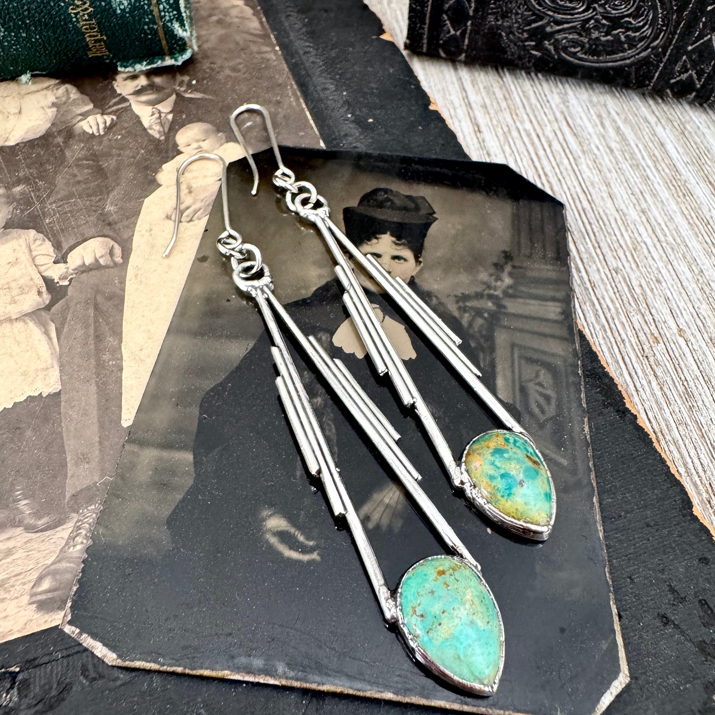 Tibetan Turquoise Long Dangle Earrings in Fine Silver
