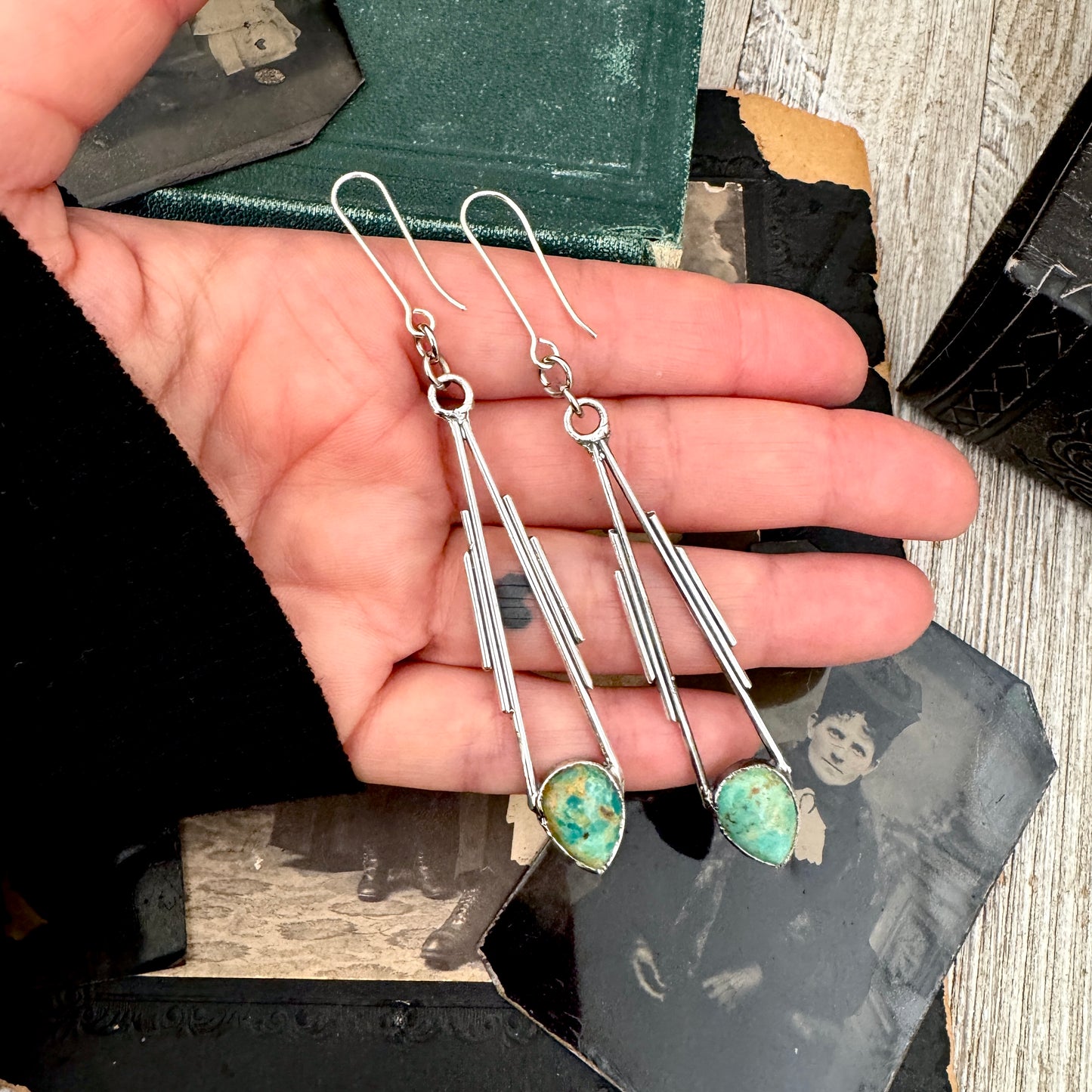 Tibetan Turquoise Long Dangle Earrings in Fine Silver