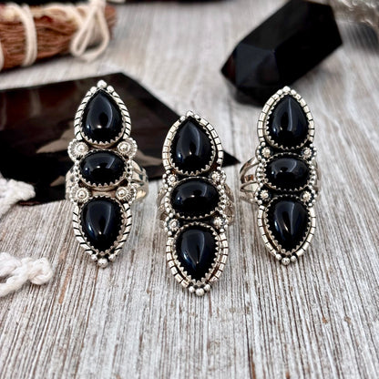 Three Stone Black Onyx Ring in Sterling Silver- Designed by FOXLARK Collection Size 6 7 8 9 10 11 / Big Crystal Ring Witchy Jewelry