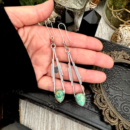 Tibetan Turquoise Long Dangle Earrings in Fine Silver