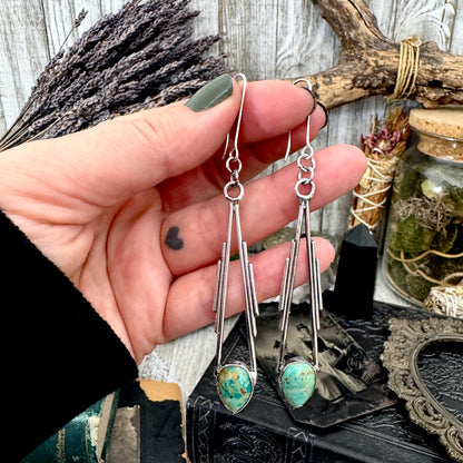 Tibetan Turquoise Long Dangle Earrings in Fine Silver