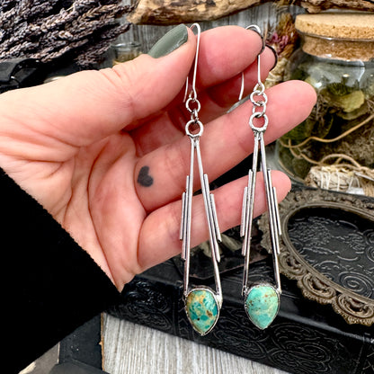 Tibetan Turquoise Long Dangle Earrings in Fine Silver