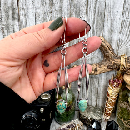 Tibetan Turquoise Long Dangle Earrings in Fine Silver