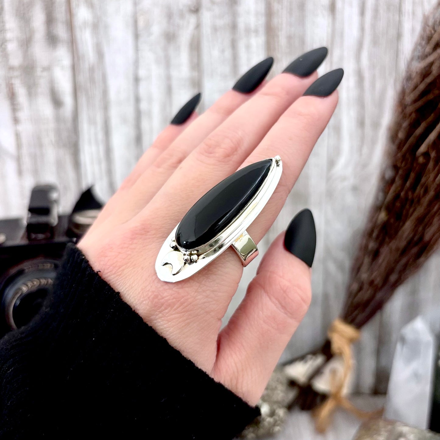 Black Onyx Ring in Sterling Silver Magic Moon Ring /  Designed by FOXLARK Adjustable to Size 6 7 8 9 10 Big Goth Crystal Ring Witchy Jewelry