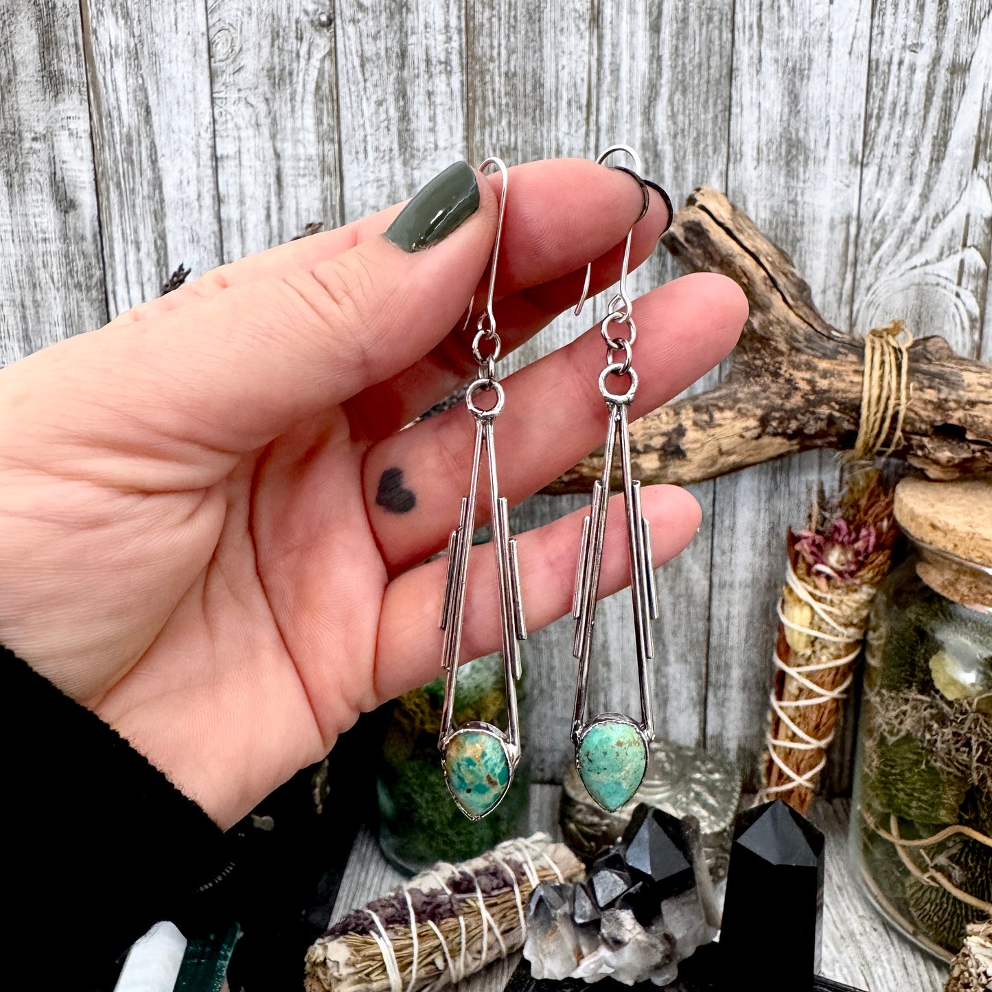 Tibetan Turquoise Long Dangle Earrings in Fine Silver
