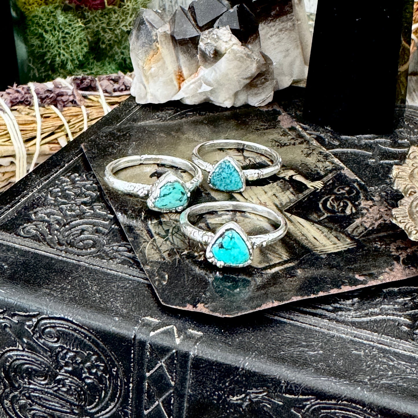 Handmade Tibetan Turquoise Ring in Fine Silver / Size 6.5 8 9 10 10.5 / Foxlark Collection
