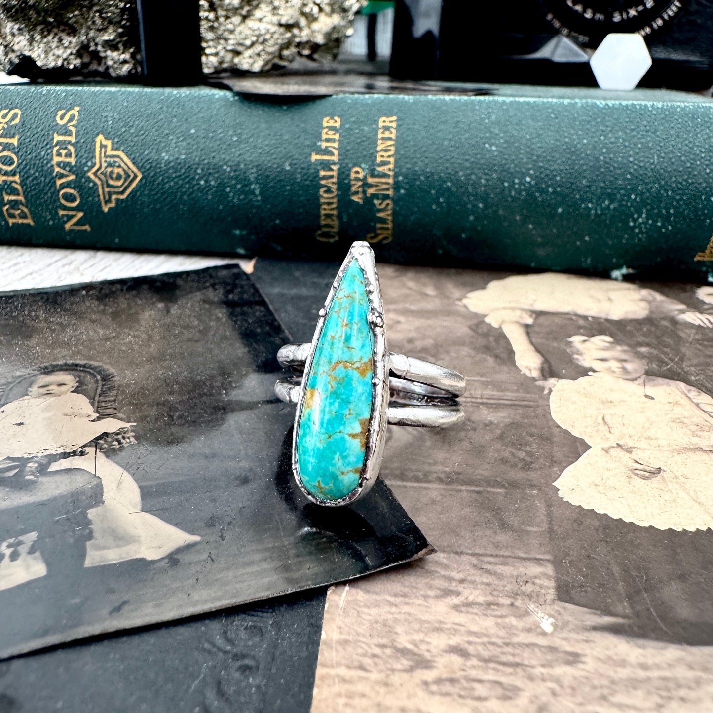 Handmade Tibetan Turquoise Ring in Fine Silver / Size 7 8 9 / Foxlark Collection FOXLARK