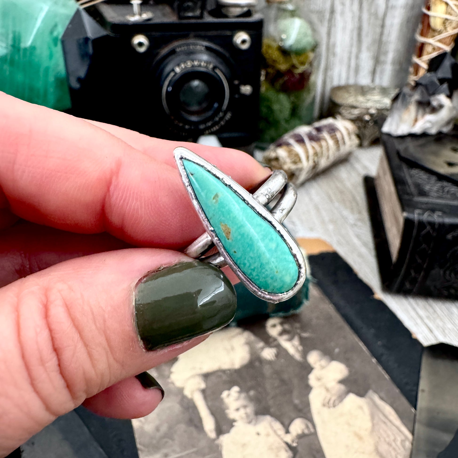 Handmade Tibetan Turquoise Ring in Fine Silver / Size 7 8 9 / Foxlark Collection FOXLARK