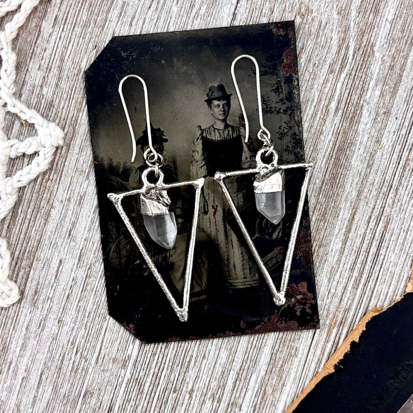Raw Clear Quartz Fine Silver Crystal Dangle Earrings / Long Dangle Witchy Earrings FOXLARK