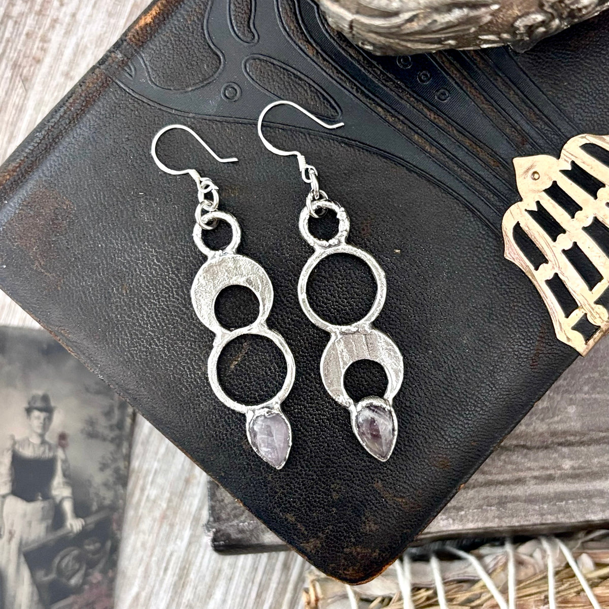 Amethyst Fine Silver Crystal Dangle Earrings / Long Dangle Witchy Earrings FOXLARK