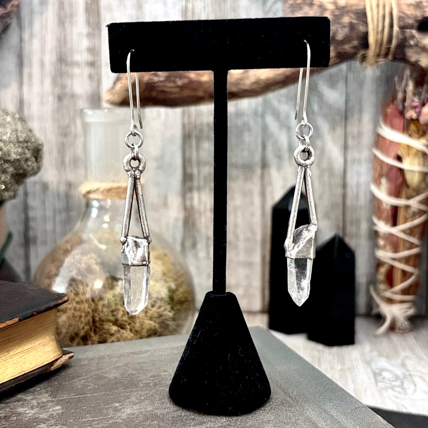 Raw Clear Quartz Fine Silver Crystal Dangle Earrings / Long Dangle Witchy Earrings FOXLARK
