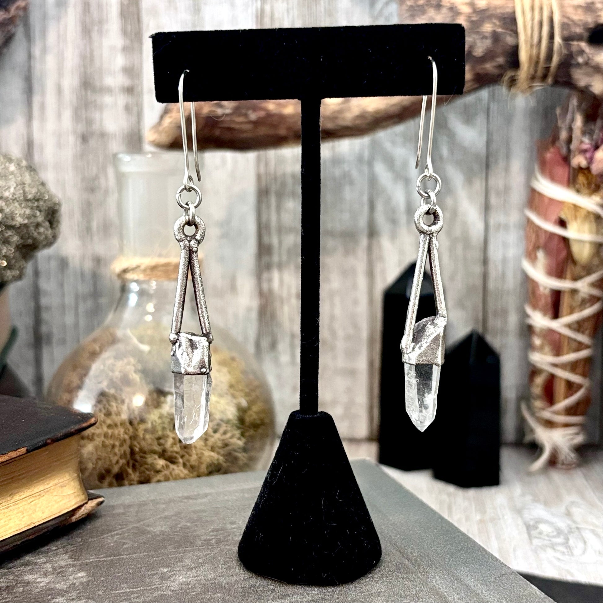 Raw Clear Quartz Fine Silver Crystal Dangle Earrings / Long Dangle Witchy Earrings FOXLARK