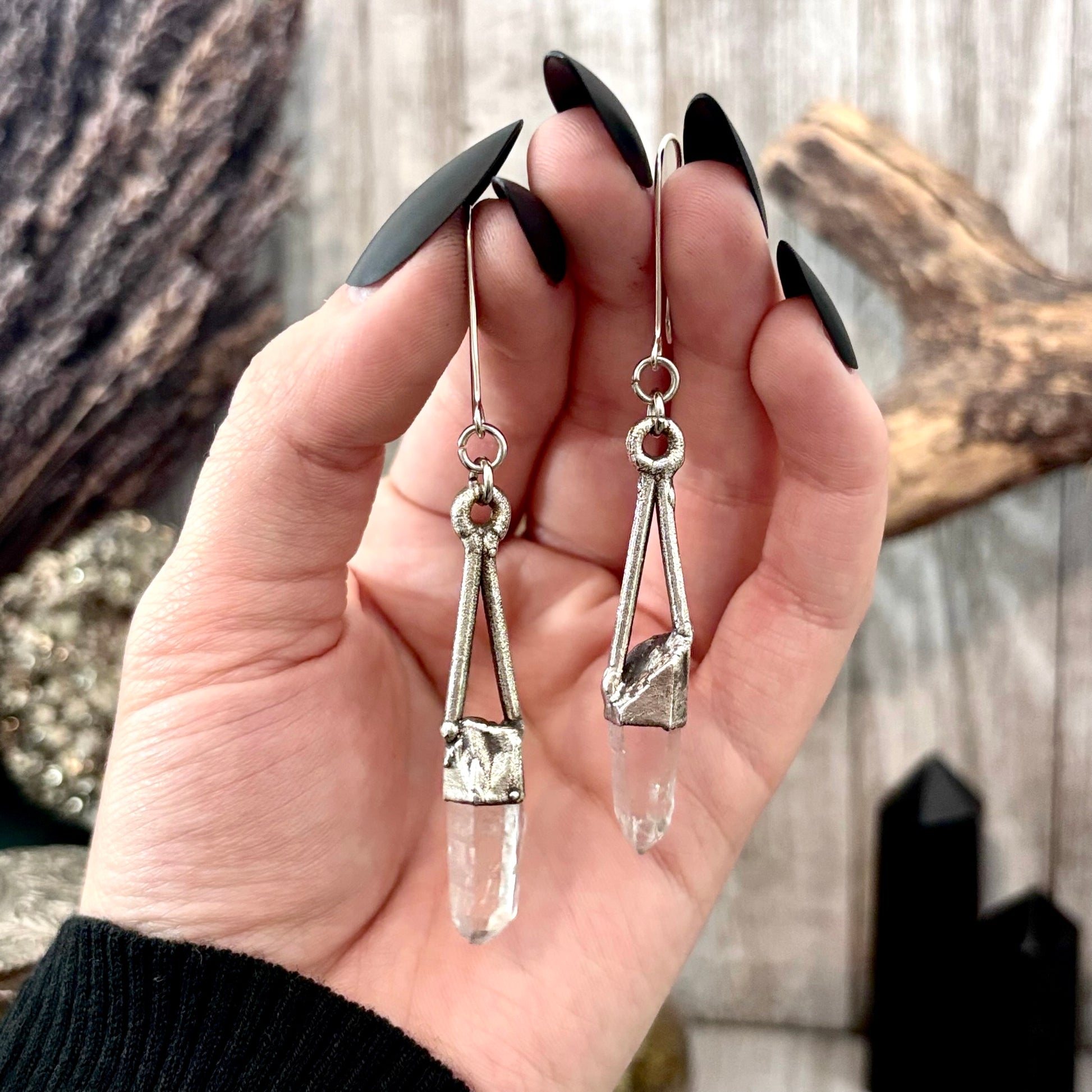 Raw Clear Quartz Fine Silver Crystal Dangle Earrings / Long Dangle Witchy Earrings FOXLARK