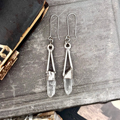 Raw Clear Quartz Fine Silver Crystal Dangle Earrings / Long Dangle Witchy Earrings FOXLARK