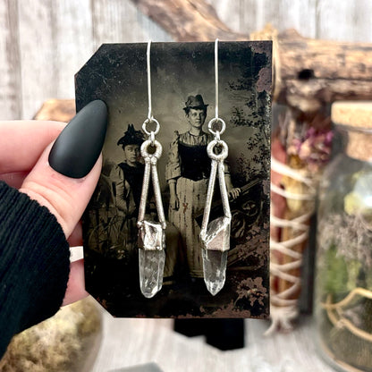 Raw Clear Quartz Fine Silver Crystal Dangle Earrings / Long Dangle Witchy Earrings FOXLARK