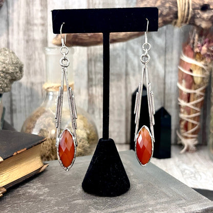 Carnelian Fine Silver Crystal Dangle Earrings / Long Dangle Witchy Earrings