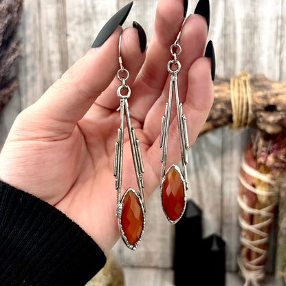 Carnelian Fine Silver Crystal Dangle Earrings / Long Dangle Witchy Earrings
