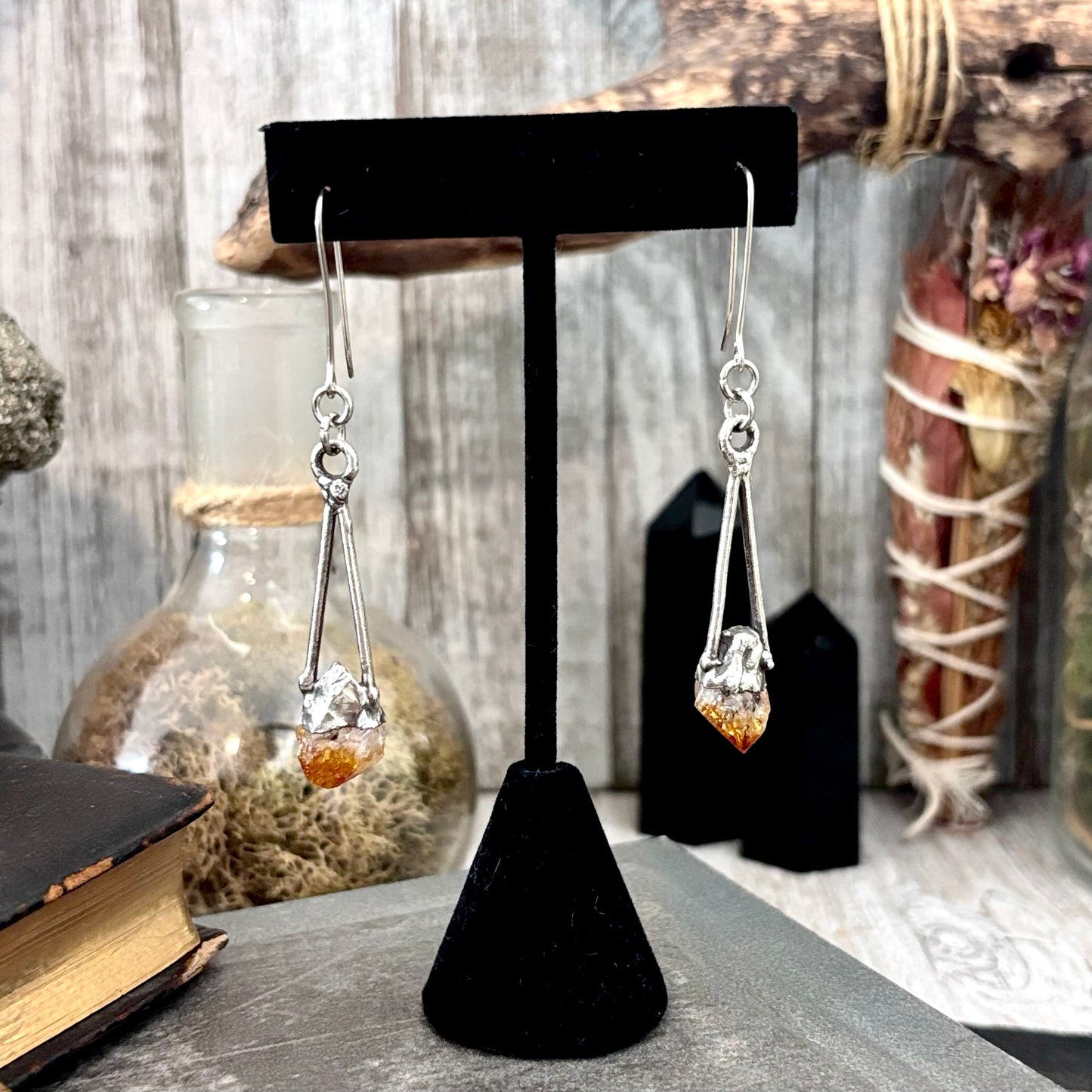 Raw Citrine Fine Silver Crystal Dangle Earrings / Long Dangle Witchy Earrings FOXLARK