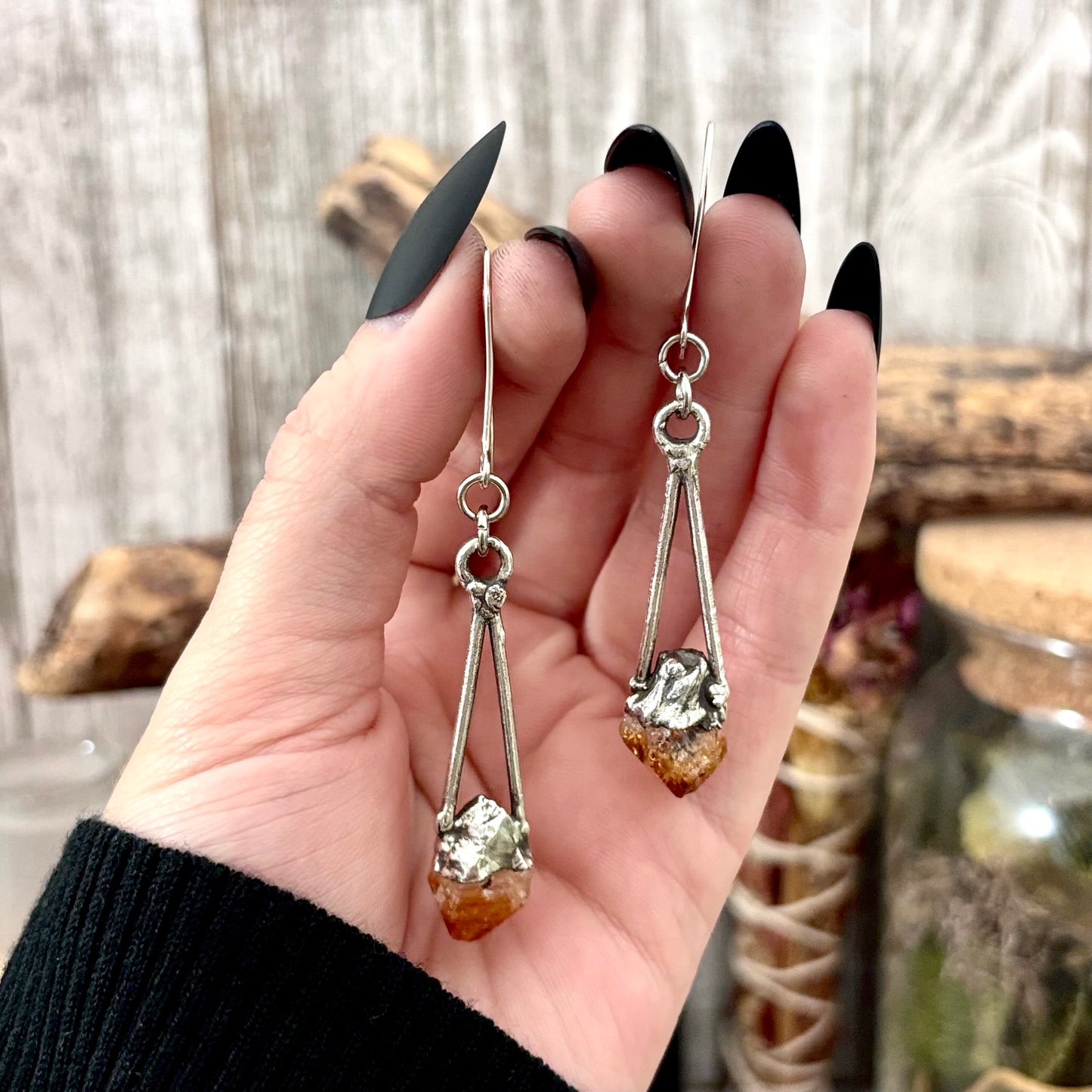 Raw Citrine Fine Silver Crystal Dangle Earrings / Long Dangle Witchy Earrings FOXLARK