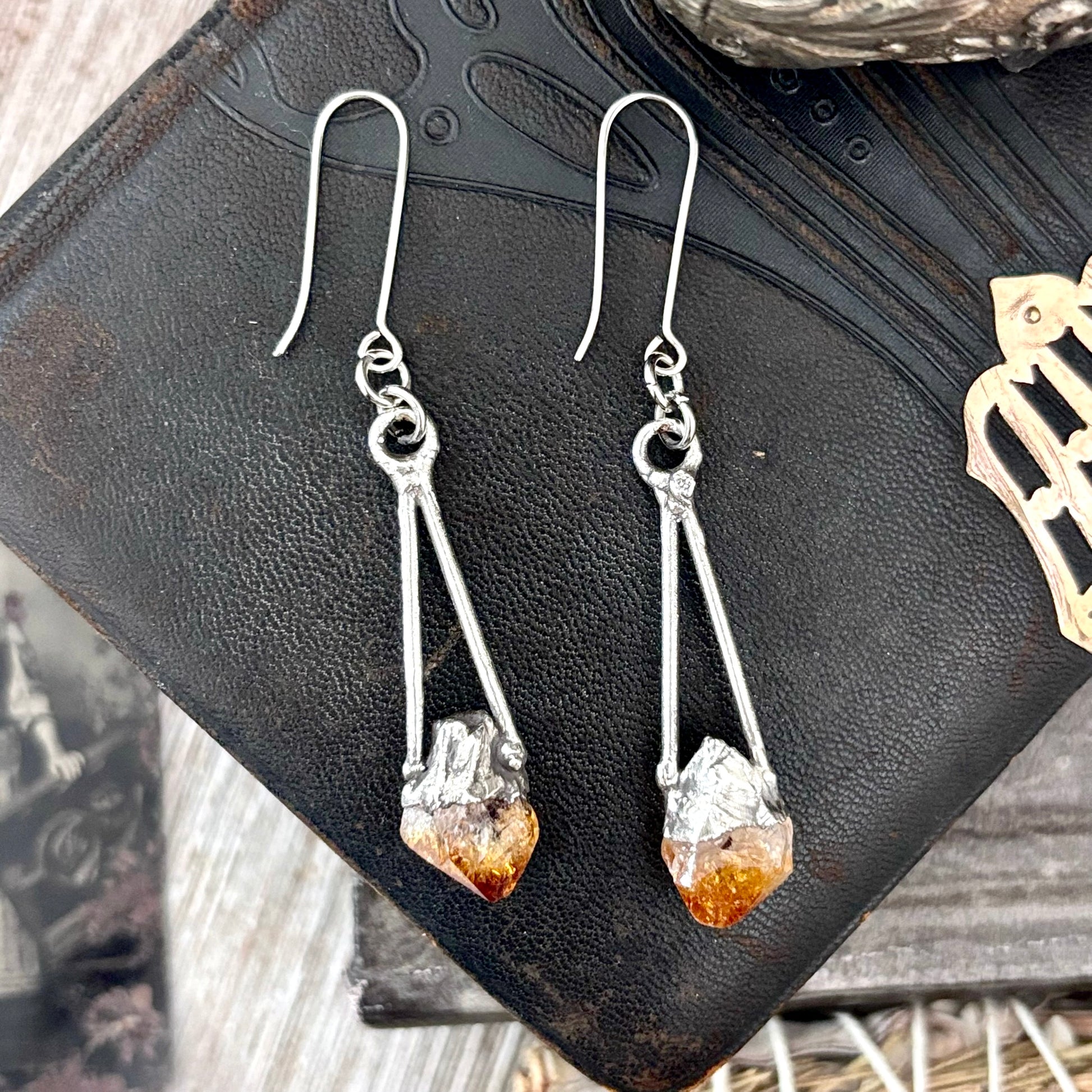 Raw Citrine Fine Silver Crystal Dangle Earrings / Long Dangle Witchy Earrings FOXLARK