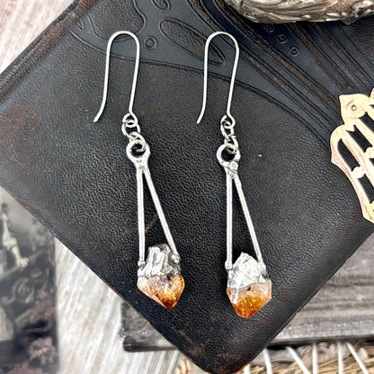 Raw Citrine Fine Silver Crystal Dangle Earrings / Long Dangle Witchy Earrings FOXLARK