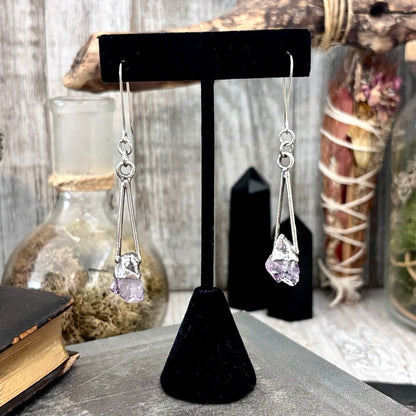 Raw Amethyst Fine Silver Crystal Dangle Earrings / Long Dangle Witchy Earrings FOXLARK