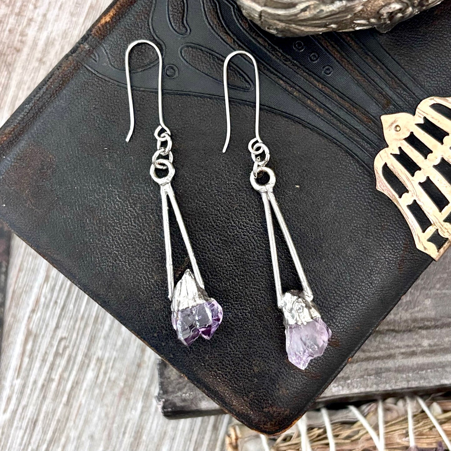 Raw Amethyst Fine Silver Crystal Dangle Earrings / Long Dangle Witchy Earrings FOXLARK