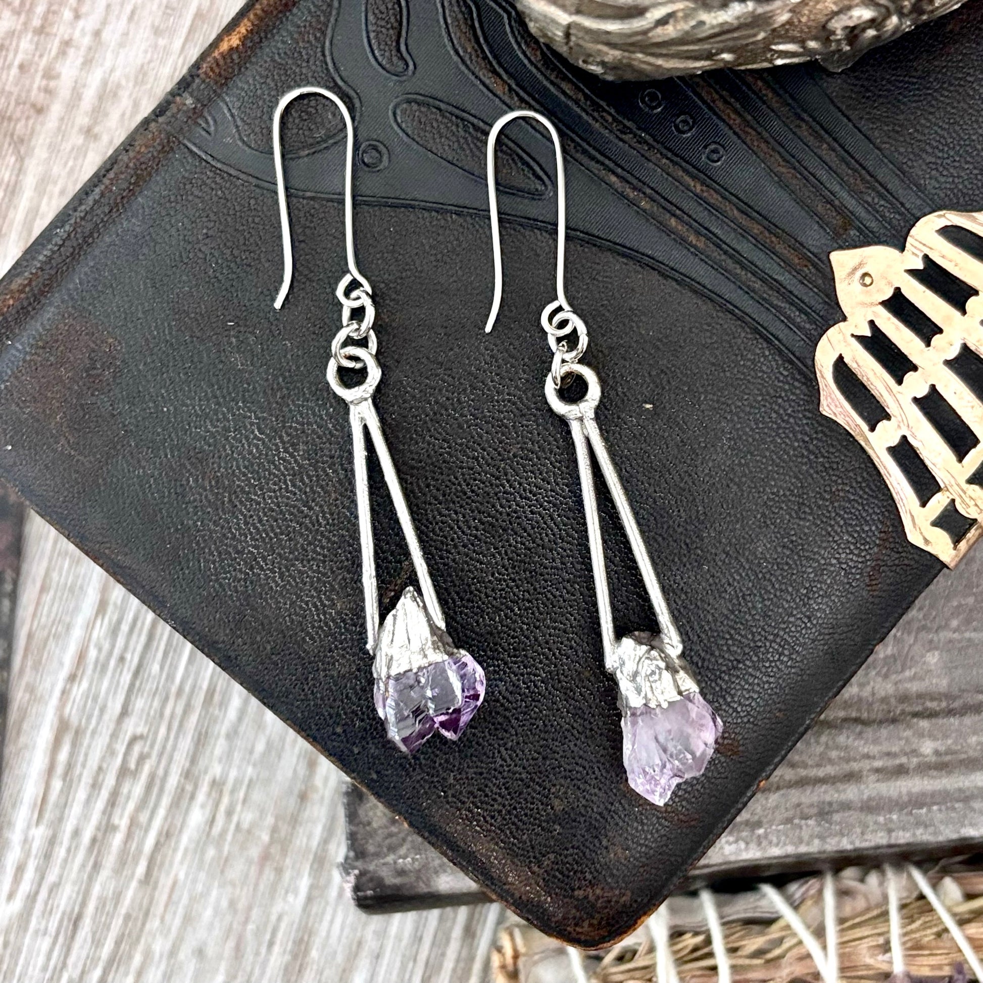 Raw Amethyst Fine Silver Crystal Dangle Earrings / Long Dangle Witchy Earrings FOXLARK