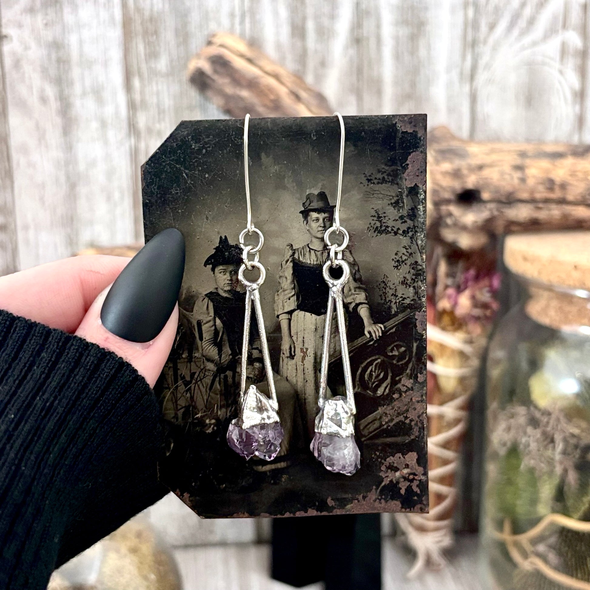 Raw Amethyst Fine Silver Crystal Dangle Earrings / Long Dangle Witchy Earrings FOXLARK