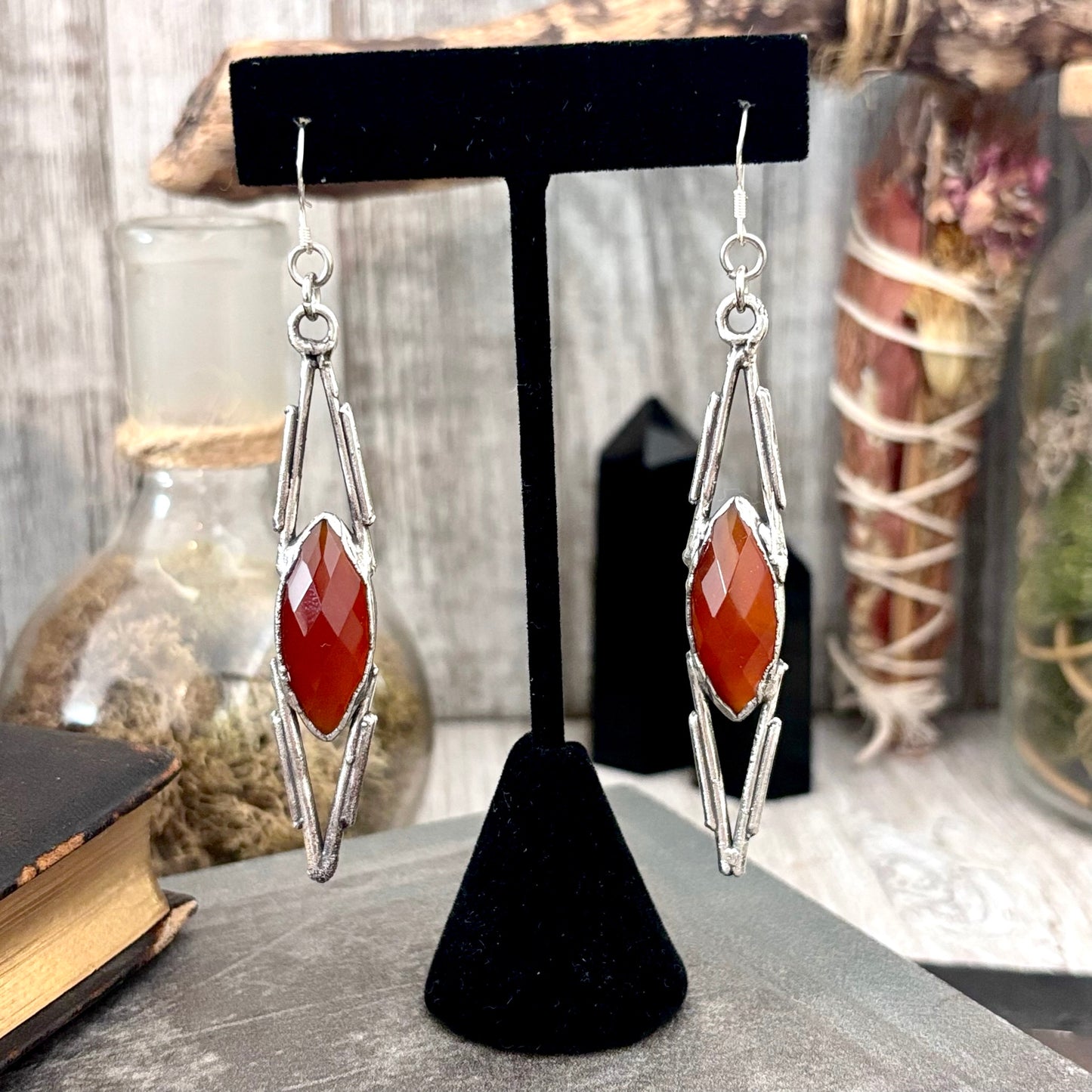 Carnelian Fine Silver Crystal Dangle Earrings / Long Dangle Witchy Earrings