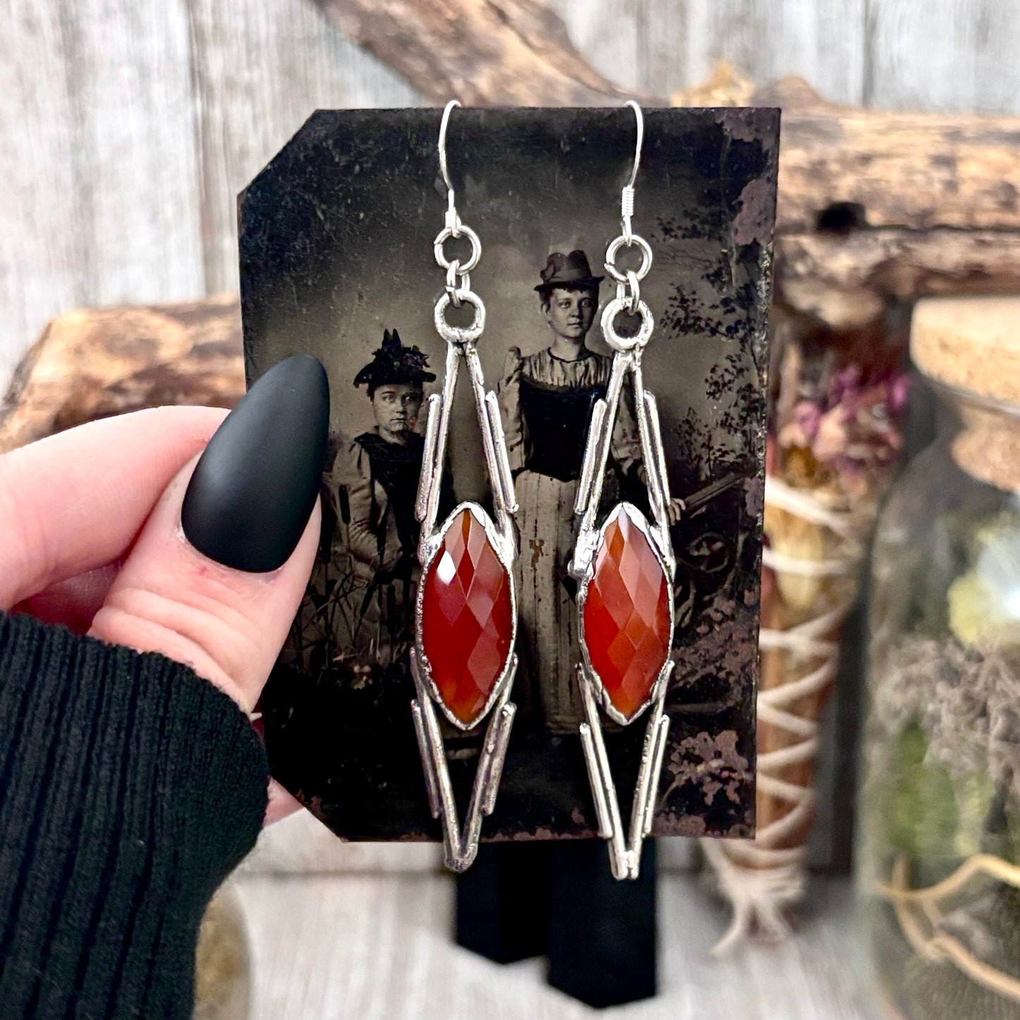 Carnelian Fine Silver Crystal Dangle Earrings / Long Dangle Witchy Earrings