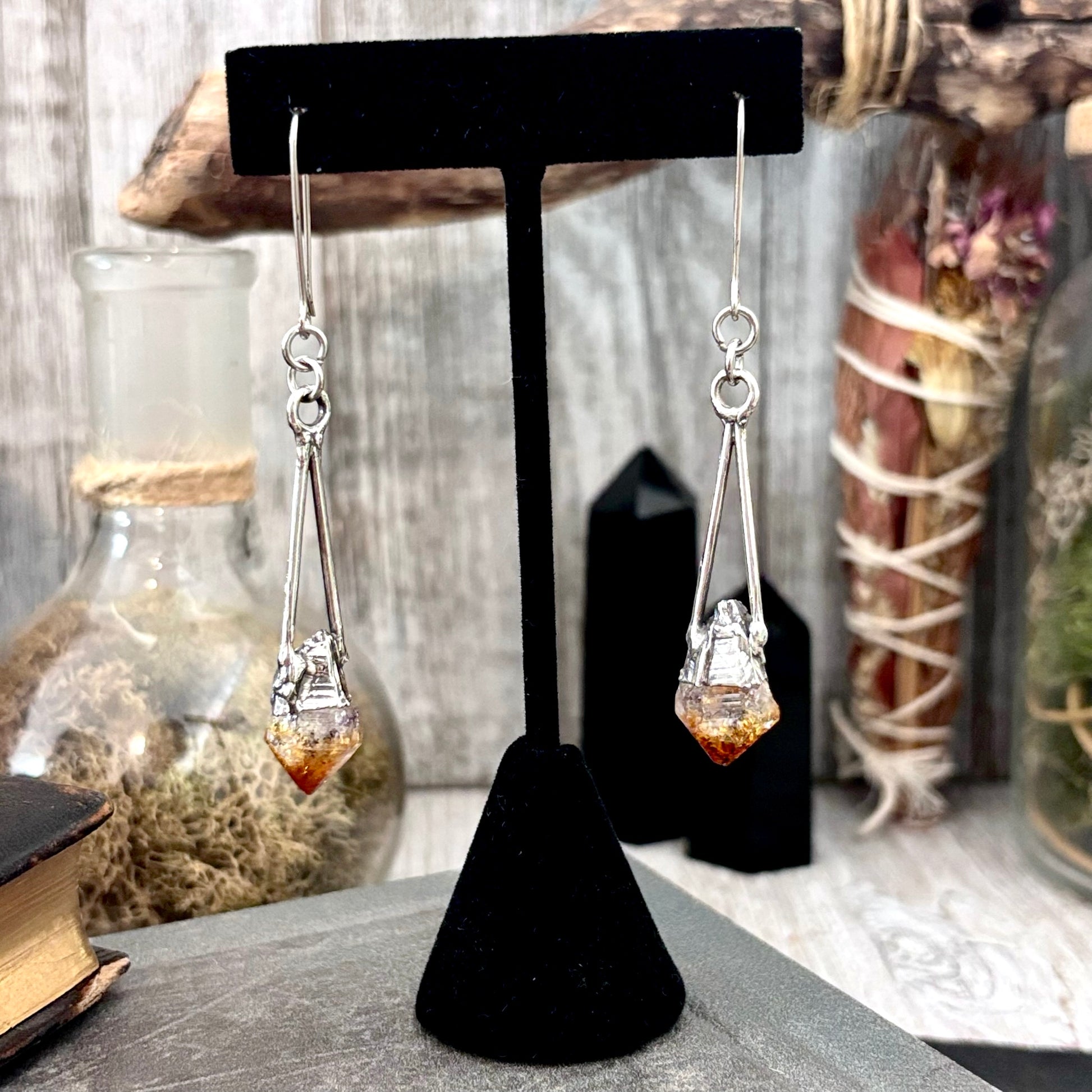 Raw Citrine Fine Silver Crystal Dangle Earrings / Long Dangle Witchy Earrings FOXLARK