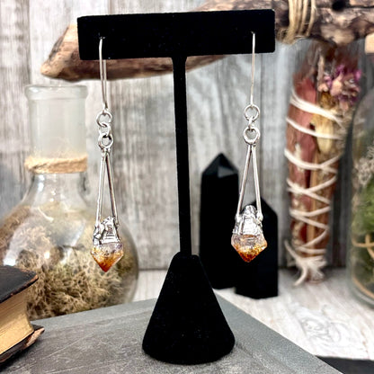Raw Citrine Fine Silver Crystal Dangle Earrings / Long Dangle Witchy Earrings FOXLARK