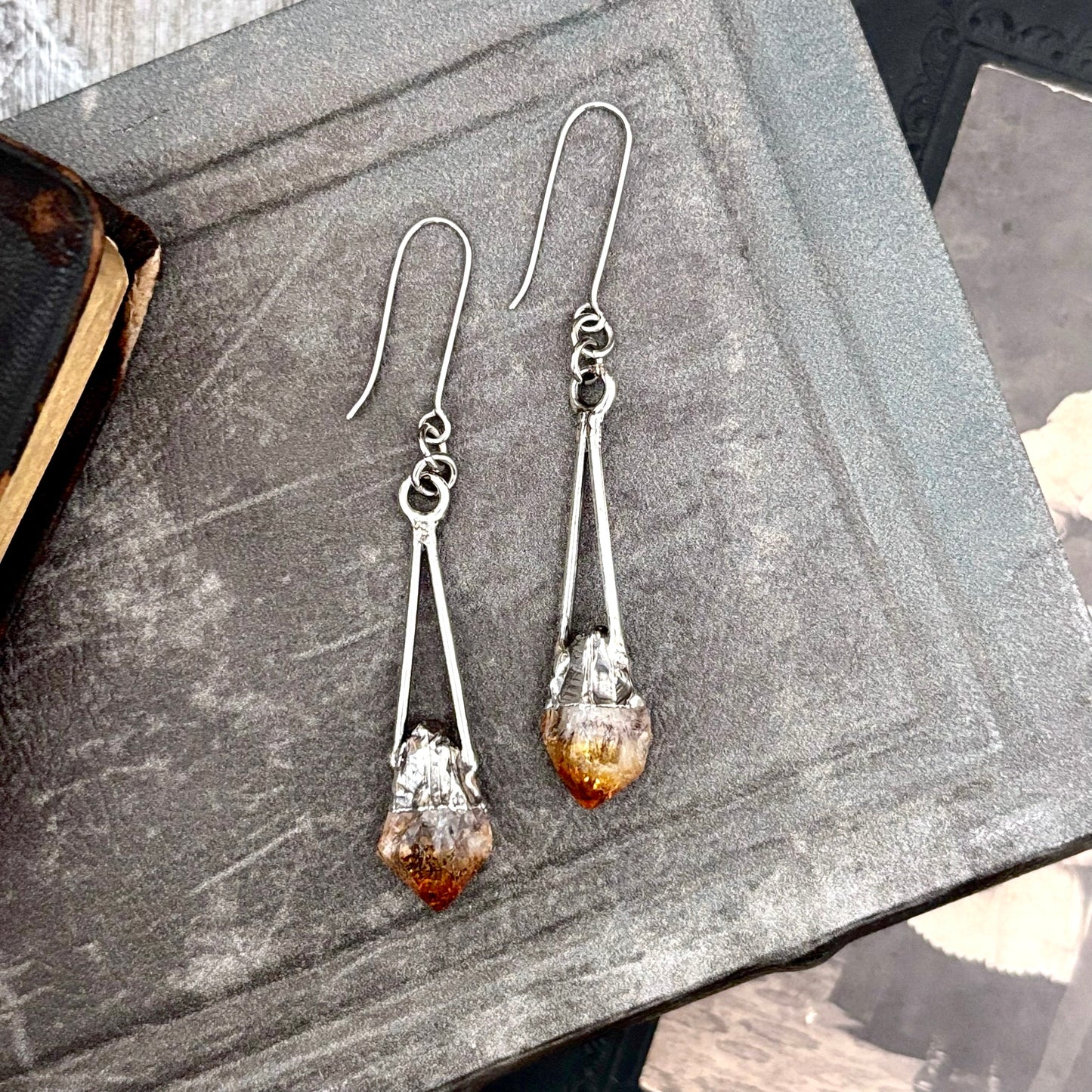 Raw Citrine Fine Silver Crystal Dangle Earrings / Long Dangle Witchy Earrings FOXLARK